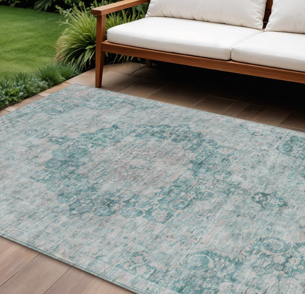 HomeRoots 5' Teal Blue Floral Medallion Area Rug – Durable, Washable, and Perfect for Indoor or Outdoor Spaces 10' X 14' 607949
