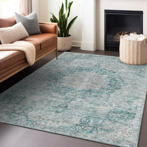 HomeRoots 5' Teal Blue Floral Medallion Area Rug – Durable, Washable, and Perfect for Indoor or Outdoor Spaces 10' X 14' 607949