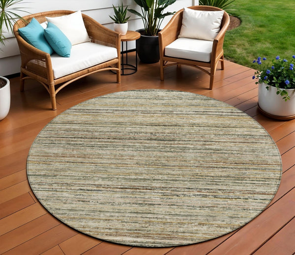 HomeRoots 5' Beige Striped Area Rug - Stylish, Washable, Durable for Indoor & Outdoor Use, Pet-Friendly Design 8' Round 607952