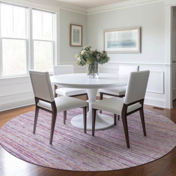 HomeRoots 5' Stylish Mauve Striped Washable Area Rug – Durable, Stain Resistant, Perfect for Indoor & Outdoor Use 8' Round 607958