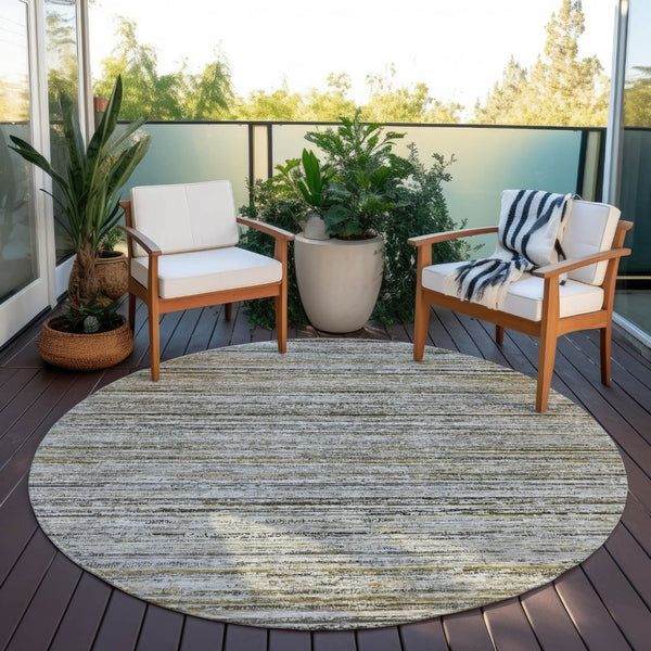 HomeRoots 5' Durable Pewter Striped Area Rug for Indoor & Outdoor Use – Stylish, Washable, and Stain-Resistant! 8' Round 607970