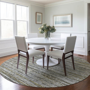 HomeRoots 5' Durable Pewter Striped Area Rug for Indoor & Outdoor Use – Stylish, Washable, and Stain-Resistant! 8' Round 607970