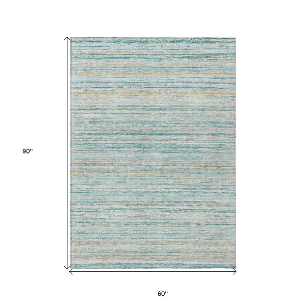 HomeRoots 5' Teal Blue Striped Washable Area Rug - Durable, Stain-Resistant, Perfect for Indoor & Outdoor Use 5' X 8' 607981