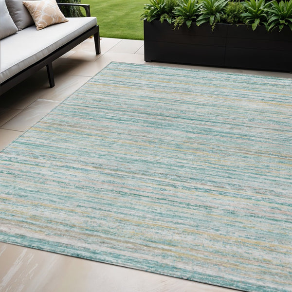 HomeRoots 5' Teal Blue Striped Washable Area Rug - Durable, Stain-Resistant, Perfect for Indoor & Outdoor Use 5' X 8' 607981