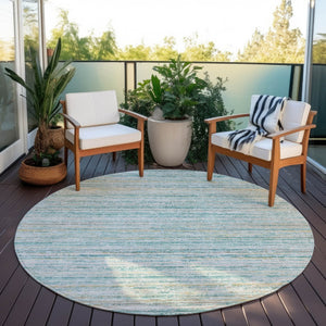 HomeRoots 5' Teal Blue Striped Washable Area Rug - Durable, Stain-Resistant, Perfect for Indoor & Outdoor Use 8' Round 607982
