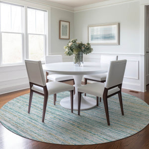 HomeRoots 5' Teal Blue Striped Washable Area Rug - Durable, Stain-Resistant, Perfect for Indoor & Outdoor Use 8' Round 607982