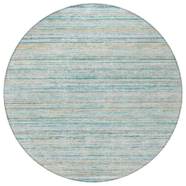 HomeRoots 5' Teal Blue Striped Washable Area Rug - Durable, Stain-Resistant, Perfect for Indoor & Outdoor Use 8' Round 607982