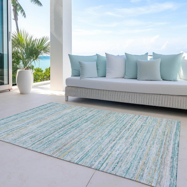 HomeRoots 5' Teal Blue Striped Washable Area Rug - Durable, Stain-Resistant, Perfect for Indoor & Outdoor Use 9' X 12' 607984