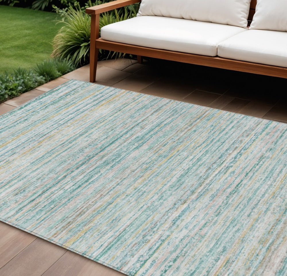 HomeRoots 5' Teal Blue Striped Washable Area Rug - Durable, Stain-Resistant, Perfect for Indoor & Outdoor Use 10' X 14' 607985