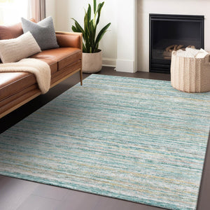 HomeRoots 5' Teal Blue Striped Washable Area Rug - Durable, Stain-Resistant, Perfect for Indoor & Outdoor Use 10' X 14' 607985