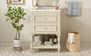 English Elm 24'' Retro Bathroom Vanity Mdf Cabinet with Ceramic Sink Open Shelf and 2 Drawers Beige N710P405414Y