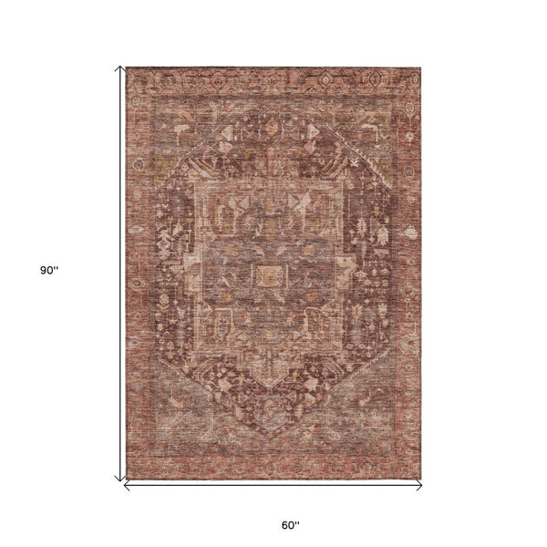 HomeRoots 5' Burgundy Medallion Area Rug - Stylish, Washable, Durable Indoor/Outdoor Decor for Any Space 5' X 8' 607993