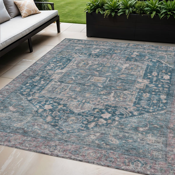 HomeRoots 5' Blue Medallion Washable Area Rug - Durable Indoor/Outdoor Design for High-Traffic Spaces 5' X 8' 607999