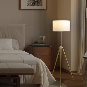 English Elm 64" Adjustable 47–64"H Brass & Shiny Gold Mid-Century Tripod Floor Lamp with White Linen Shade, Dimable Look B072P220162