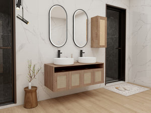 English Elm 48" Floating Bathroom Vanity Oak Finish Dual Ceramic Sinks Four Soft Close Doors W999S00498