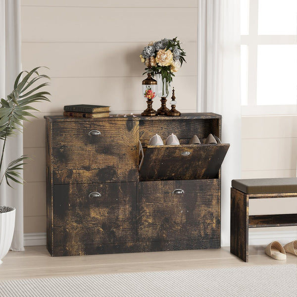 English Elm Shoe Cabinet Slim Flip-Top Rack with 4 Adjustable Drawers, Anti-Tip Entryway Organizer, Compact Vintage W2386P308733