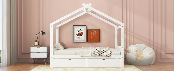 English Elm Full House Platform Bed with Roof Design and Two Drawers, Pine/MDF Durable Frame, Kid-Friendly Cozy Finish White WF292923AAK