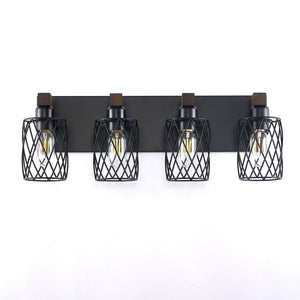 English Elm 4-light Industrial Farmhouse Vanity Bar Wood Backplate Matte Black Cage Bathroom Sconce T3963P458304
