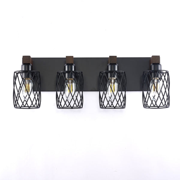 English Elm 4-light Industrial Farmhouse Vanity Bar Wood Backplate Matte Black Cage Bathroom Sconce T3963P458304