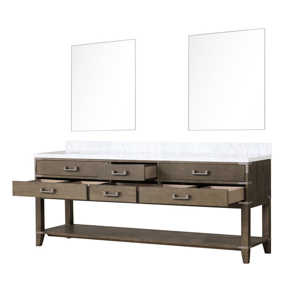 English Elm Grey Oak Double Bath Vanity With Luxurious Carrara Marble Top & 2 Large Mirrors For Elegant Storage B2731S01664