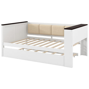 English Elm Twin Pine Wood Daybed with Trundle Upholstered Backrest Storage Shelf and Usb Port N7090002232K
