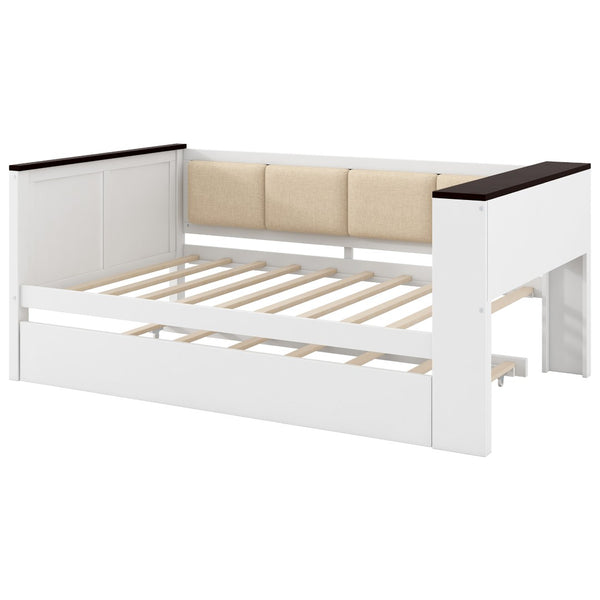 English Elm Twin Pine Wood Daybed with Trundle Upholstered Backrest Storage Shelf and Usb Port N7090002232K