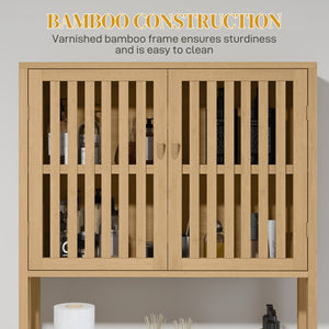 English Elm HOMCOM Bamboo Floor Cabinet Bathroom Organizer Tower with Shelved Storage, Slatted Doors & Elevated Base Natural Wood W2225P217003
