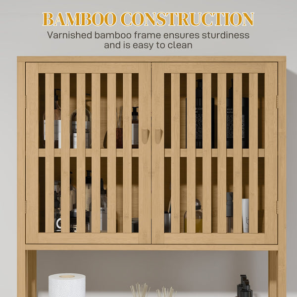 English Elm HOMCOM Bamboo Floor Cabinet Bathroom Organizer Tower with Shelved Storage, Slatted Doors & Elevated Base Natural Wood W2225P217003