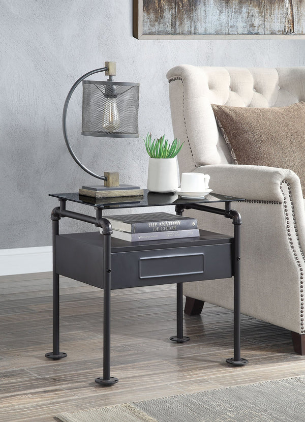 English Elm Nicipolis Glass & Sandy Gray Finish Nightstand with Tempered Glass Top, Drawer & Copper Accents B2726P255732
