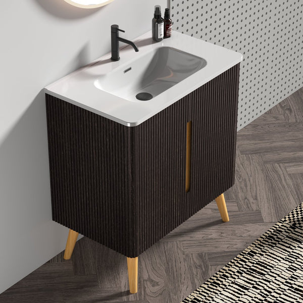English Elm U136-ETNA30F-308 Etna 30" Brushed Black Oakt Vanity with Sink, Soft-Close Doors, Curved Edges, Storage W1865S00112