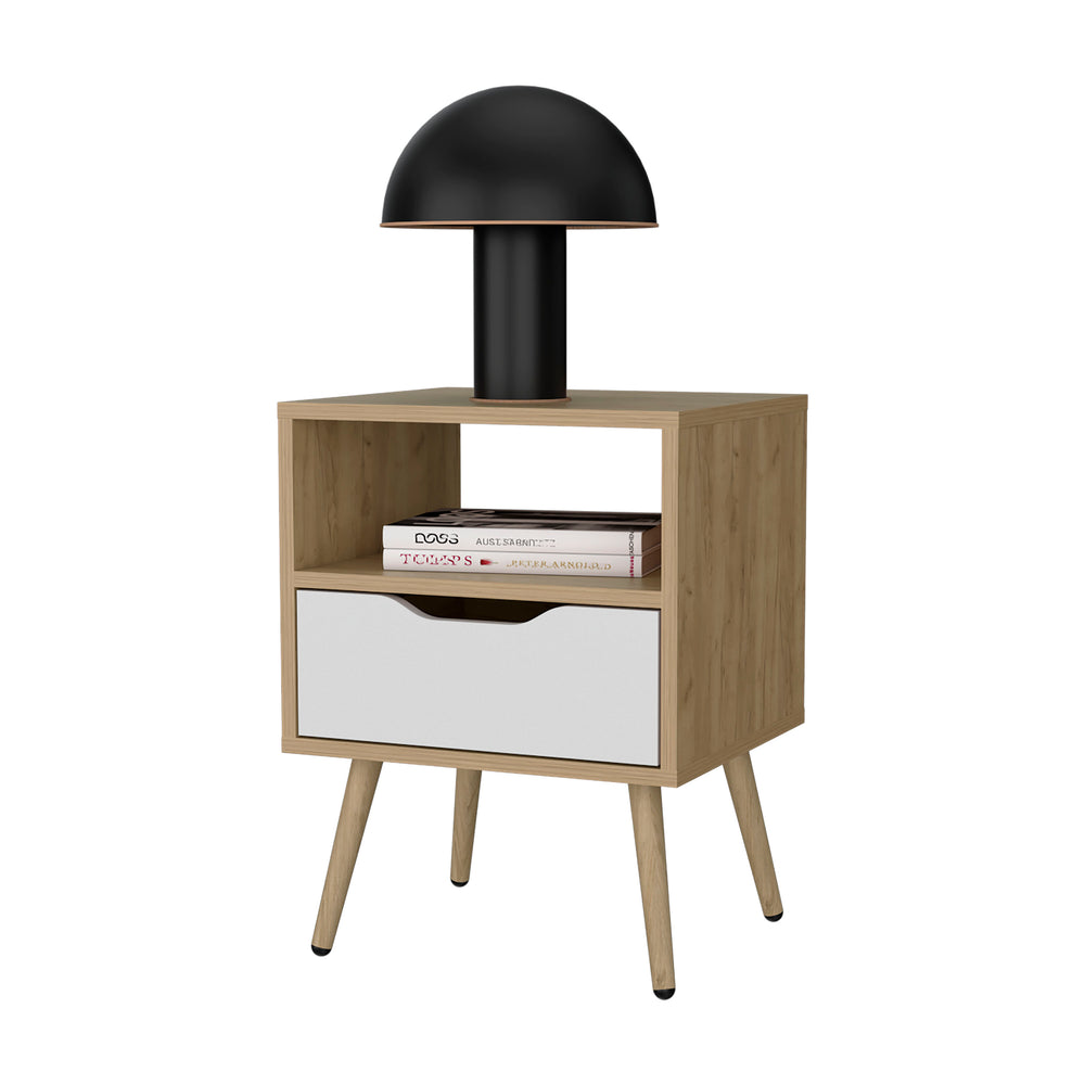 English Elm FM Prescott Valley Nightstand — Scandinavian Minimalist Nightstand with Drawer & Open Shelf, Oak White Finish B128P293870