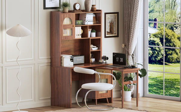 English Elm Computer Desk with Rotating Extension Panel Walnut Finish Glass Cabinets Home Office N733S363716D