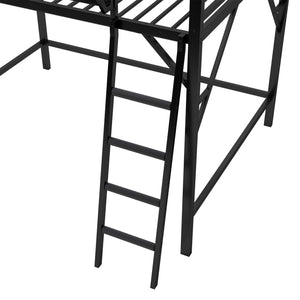 English Elm Queen Size Metal Loft Bed with Ladder and Built-In Storage Shelves, Sturdy High Bed for Teens 99" Black W2580P379983
