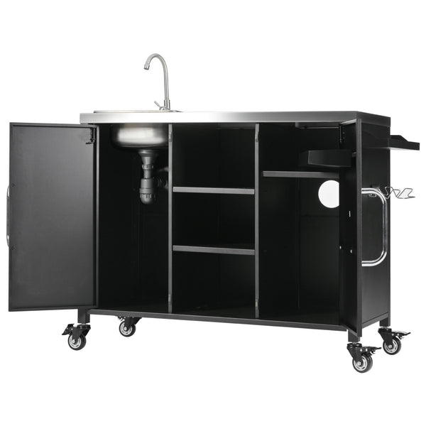 English Elm K&K Outdoor Kitchen Island with 304 Sink, Thick Stainless Top, Spice Rack, Trash Holder, Locking Wheels, BBQ Prep Station N707P270780B