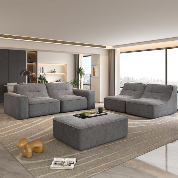 English Elm 143.7" Modern Modular Sectional Sofa Set with Removable Ottoman, Tufted Sparkling Chenille, Deep Seat Comfort Grey W3219S00003