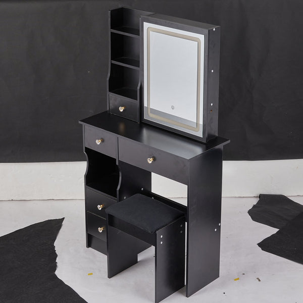 English Elm 29.2" Compact Vanity Table With Led Mirror & Cushioned Stool - Space-Saving Design For Small Rooms W936P226035
