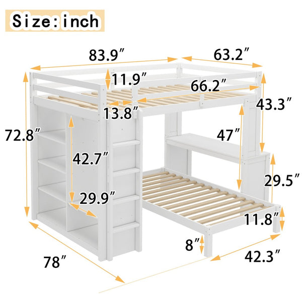 English Elm Queen Multifunctional Solid Wood Bunk Bed With Desk, Dismountable Twin Bed, Shelves & Wardrobe W1580S00214-GIGA