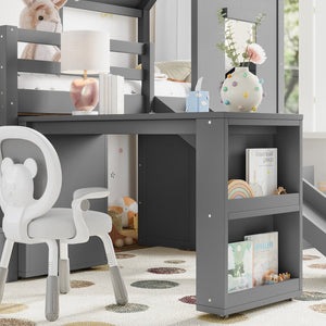 English Elm Full Size Metal Loft Bed with Stair Storage Shelves Bookshelf for Dorms Bedroom W1580S00396