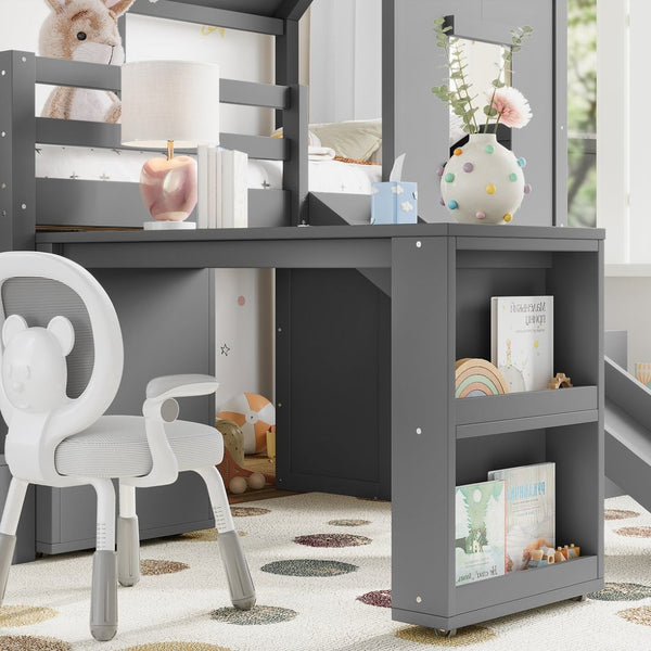 English Elm Full Size Metal Loft Bed with Stair Storage Shelves Bookshelf for Dorms Bedroom W1580S00396