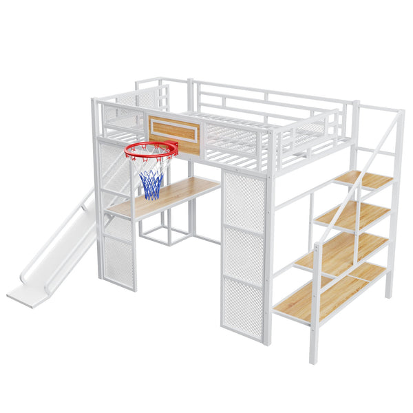 English Elm Full Full Size Metal Loft Bed with Built-In Desk, Slide, Basketball Hoop and Open Wardrobe Storage White GX001524AAK