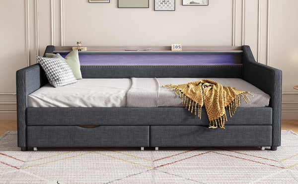 English Elm Twin Size Daybed With Usb Ports, Led Lighting & Storage Drawers For Modern Living Room Decor W2336S00026-GIGA