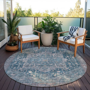 HomeRoots 5' Blue Medallion Washable Area Rug - Durable Indoor/Outdoor Design for High-Traffic Spaces 8' Round 608000