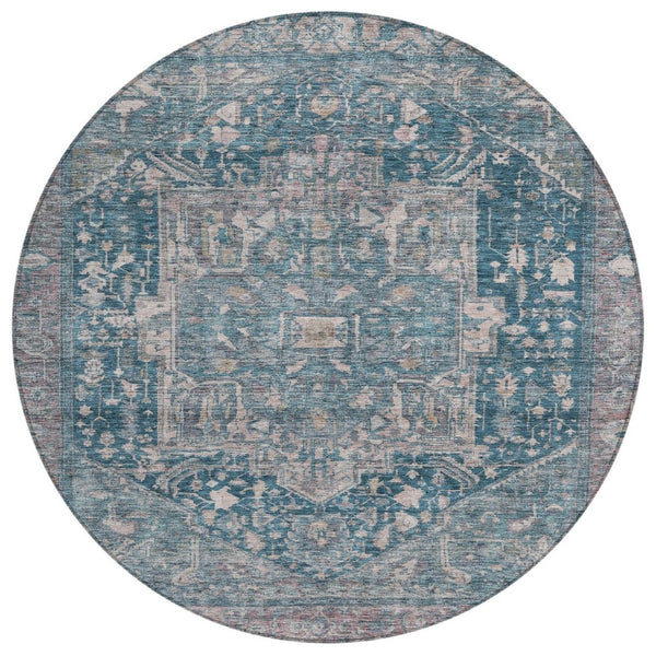 HomeRoots 5' Blue Medallion Washable Area Rug - Durable Indoor/Outdoor Design for High-Traffic Spaces 8' Round 608000