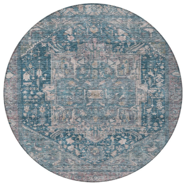 HomeRoots 5' Blue Medallion Washable Area Rug - Durable Indoor/Outdoor Design for High-Traffic Spaces 8' Round 608000