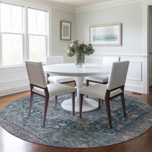 HomeRoots 5' Blue Medallion Washable Area Rug - Durable Indoor/Outdoor Design for High-Traffic Spaces 8' Round 608000