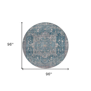 HomeRoots 5' Blue Medallion Washable Area Rug - Durable Indoor/Outdoor Design for High-Traffic Spaces 8' Round 608000