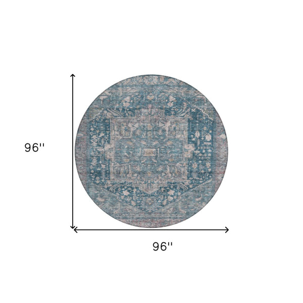 HomeRoots 5' Blue Medallion Washable Area Rug - Durable Indoor/Outdoor Design for High-Traffic Spaces 8' Round 608000