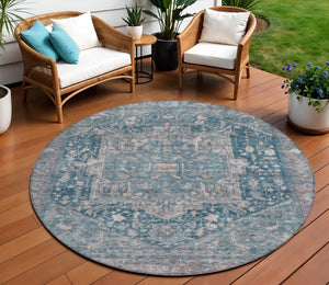 HomeRoots 5' Blue Medallion Washable Area Rug - Durable Indoor/Outdoor Design for High-Traffic Spaces 8' Round 608000