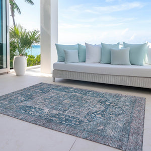 HomeRoots 5' Blue Medallion Washable Area Rug - Durable Indoor/Outdoor Design for High-Traffic Spaces 8' X 10' 608001