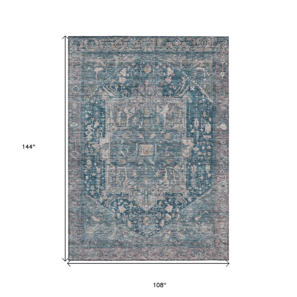 HomeRoots 5' Blue Medallion Washable Area Rug - Durable Indoor/Outdoor Design for High-Traffic Spaces 9' X 12' 608002